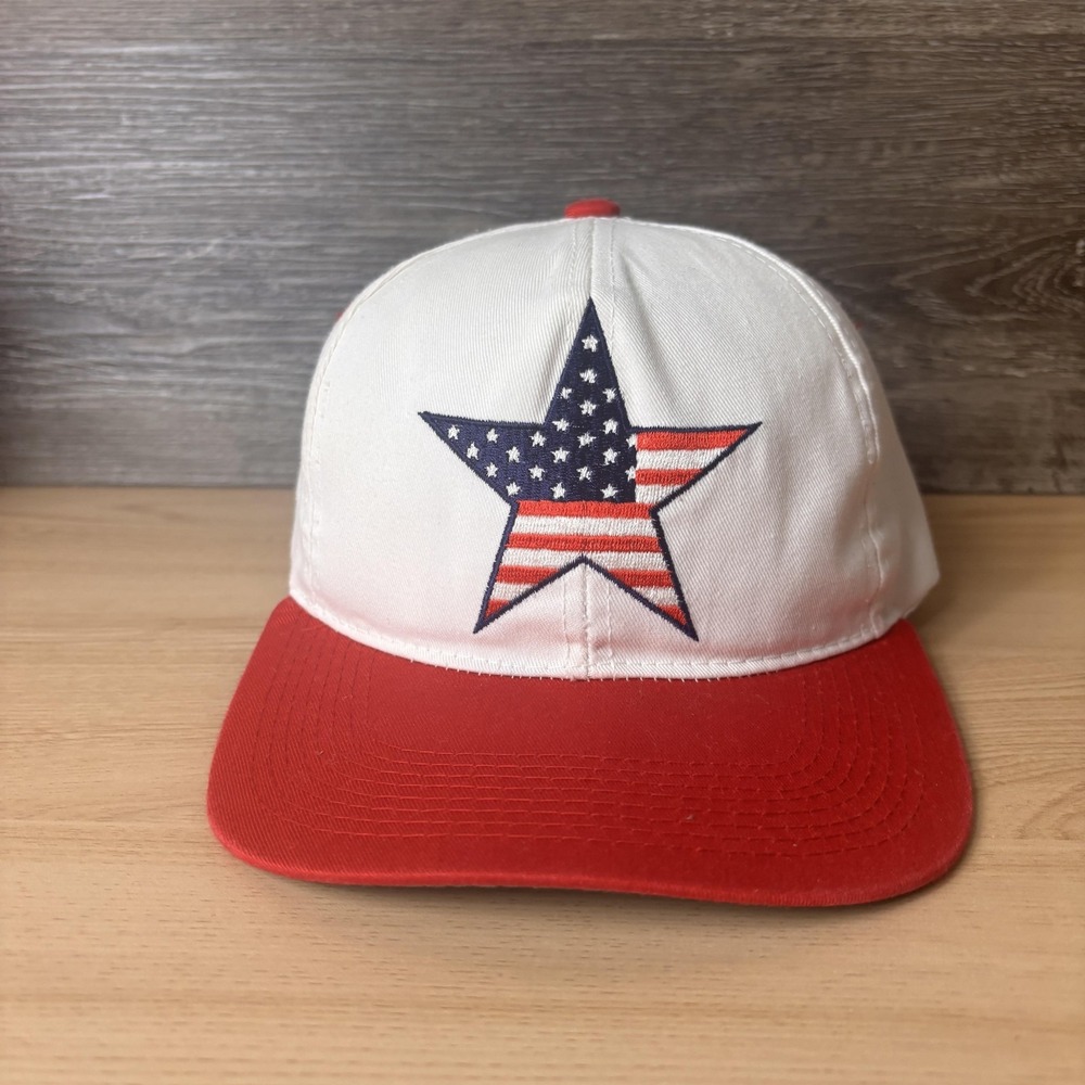 VINTAGE American Flag Star Hat Cap Snap Back White Red USA Patriotic Mens 90s